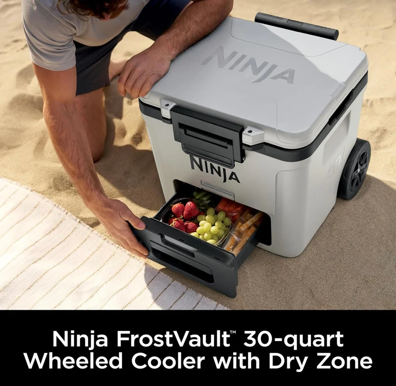 Ninja Cooler FrostVault 30QT Cooler with Wheels Insulated with Temp Dry Storage Drawer Keeps Ice Cold for Days- Cloud White