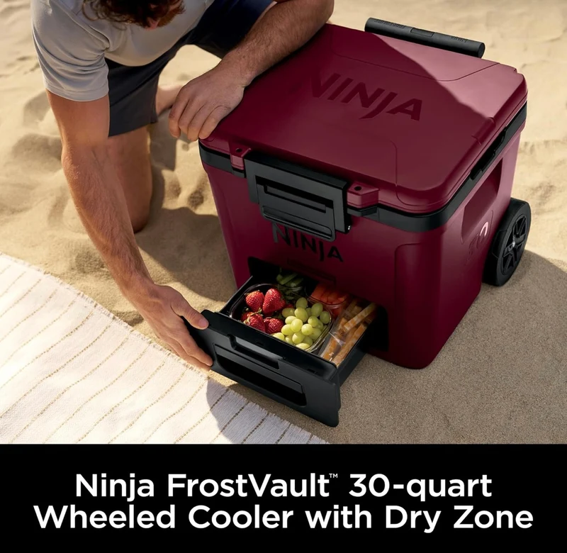 Ninja Cooler FrostVault 30QT Cooler with Wheels Insulated with Temp Dry Storage Drawer Keeps Ice Cold for Days- Canyon Red