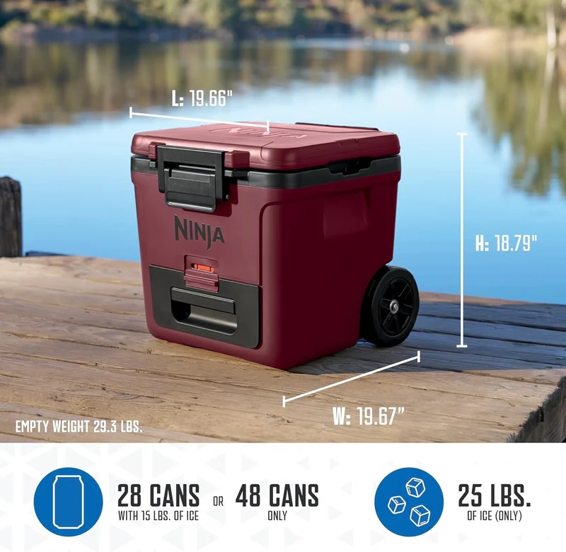 Ninja Cooler FrostVault 30QT Cooler with Wheels Insulated with Temp Dry Storage Drawer Keeps Ice Cold for Days- Canyon Red