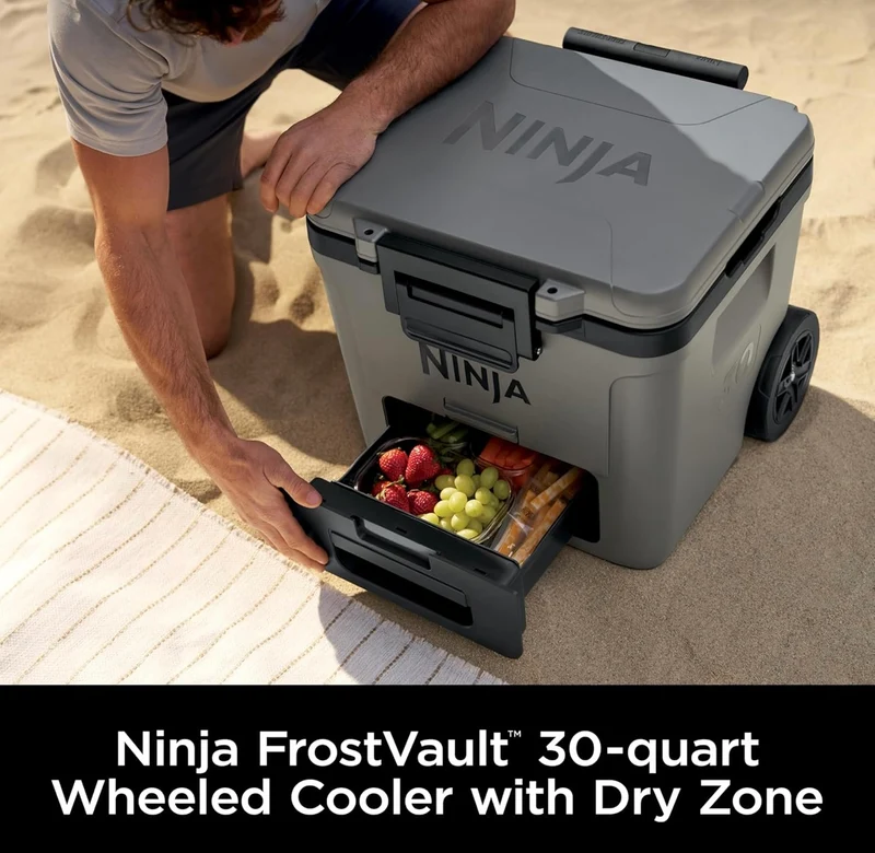Ninja Cooler FrostVault 30QT Cooler with Wheels Insulated with Temp Dry Storage Drawer Keeps Ice Cold for Days- Charcoal Grey