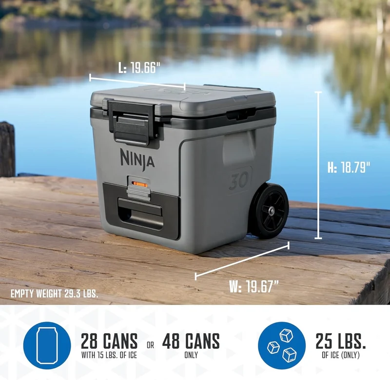 Ninja Cooler FrostVault 30QT Cooler with Wheels Insulated with Temp Dry Storage Drawer Keeps Ice Cold for Days- State Gray