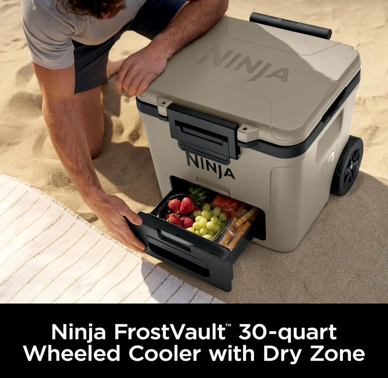 Ninja Cooler FrostVault 30QT Cooler with Wheels Insulated with Temp Dry Storage Drawer Keeps Ice Cold for Days- Beige