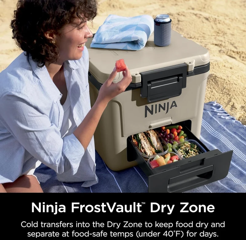 Ninja Cooler FrostVault 30QT Cooler with Wheels Insulated with Temp Dry Storage Drawer Keeps Ice Cold for Days- Beige