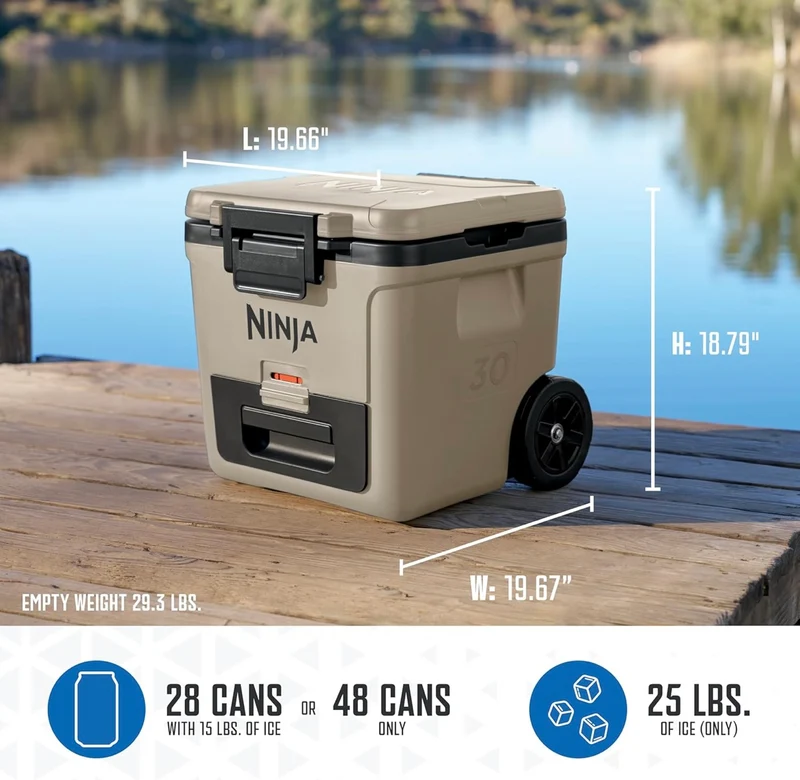 Ninja Cooler FrostVault 30QT Cooler with Wheels Insulated with Temp Dry Storage Drawer Keeps Ice Cold for Days- Beige