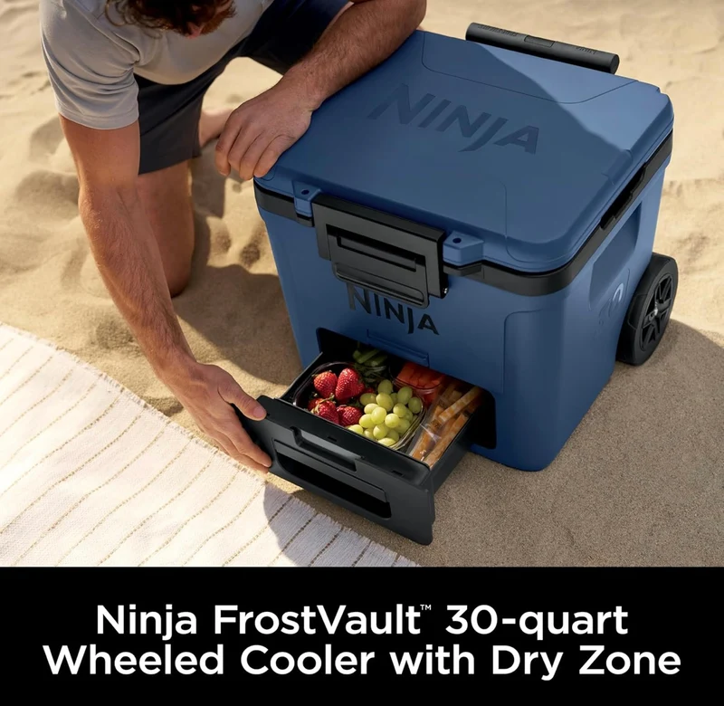 Ninja Cooler FrostVault 30QT Cooler with Wheels Insulated with Temp Dry Storage Drawer Keeps Ice Cold for Days- Lakeshore Blue