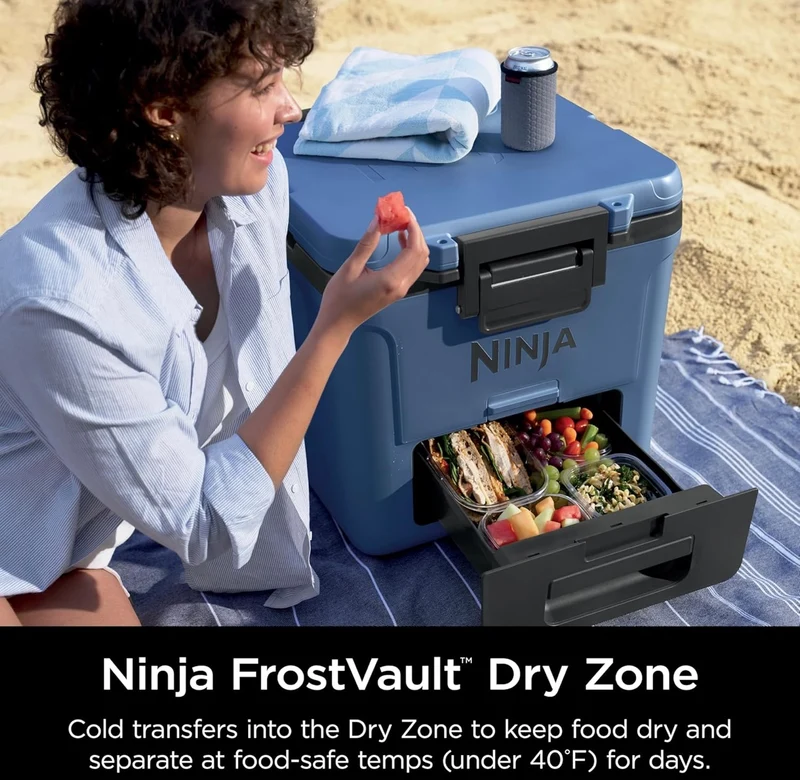 Ninja Cooler FrostVault 30QT Cooler with Wheels Insulated with Temp Dry Storage Drawer Keeps Ice Cold for Days- Lakeshore Blue