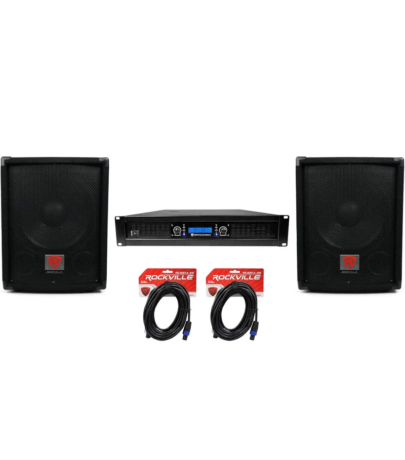 Rockville (2) SBG1128 12" Pro DJ PA Subwoofers+5000w 2-Channel Amplifier+Cables