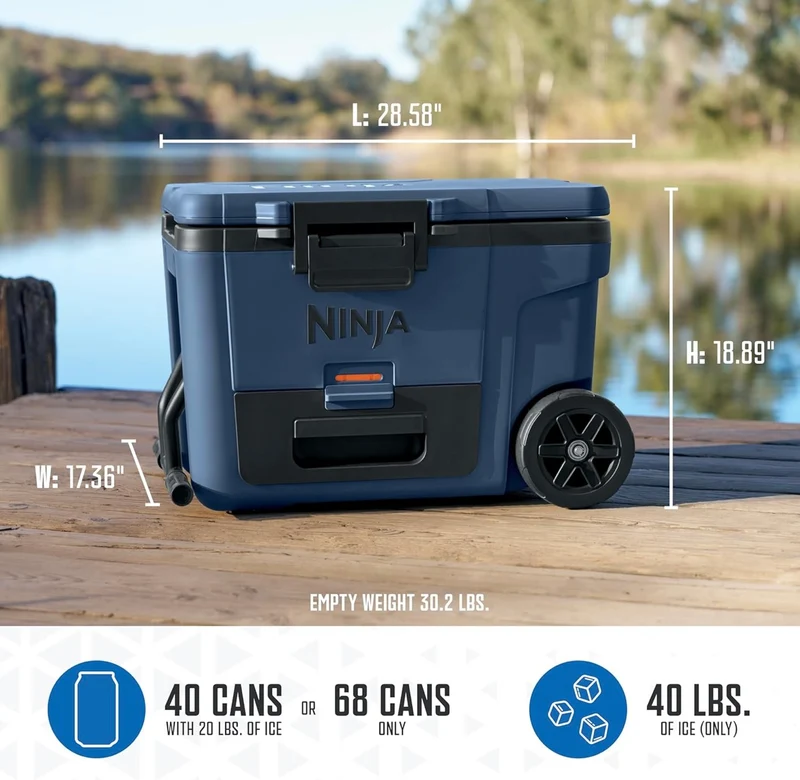 Ninja Cooler FrostVault 45QT Cooler with Wheels Insulated with Temp Dry Storage Drawer Keeps Ice Cold for Days - Lakeshore Blue (FB245BL)