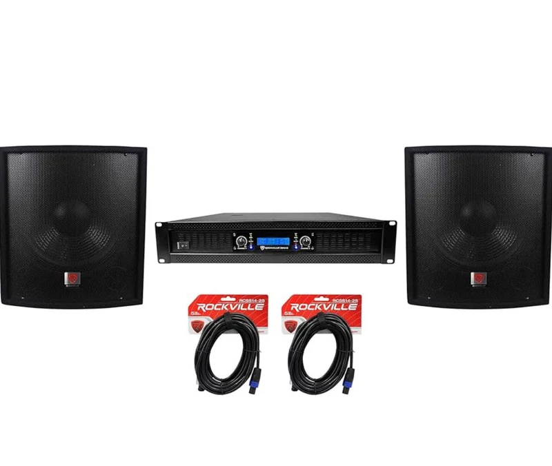 Rockville (2) SBG1158 15" Pro DJ PA Subwoofers+5000w 2-Channel Amplifier+Cables