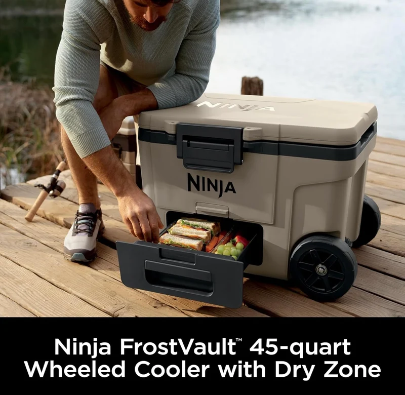 Ninja Cooler FrostVault 45QT Cooler with Wheels Insulated with Temp Dry Storage Drawer Keeps Ice Cold for Days - Birch Biege (FB245BL)