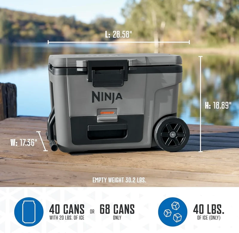 Ninja Cooler FrostVault 45QT Cooler with Wheels Insulated with Temp Dry Storage Drawer Keeps Ice Cold for Days - State Gray (FB245BL)