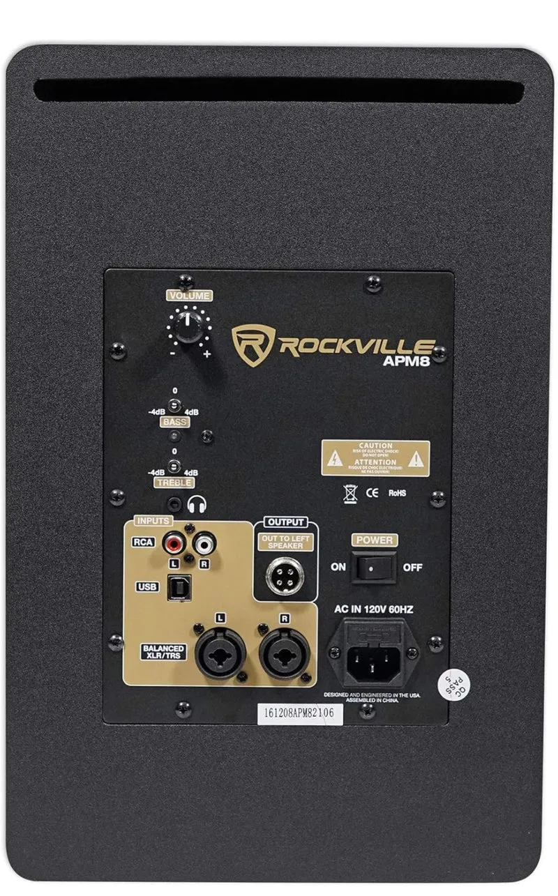 Rockville APM8B 8" 2-Way 500W Active/Powered USB Studio Monitor Speakers Pair