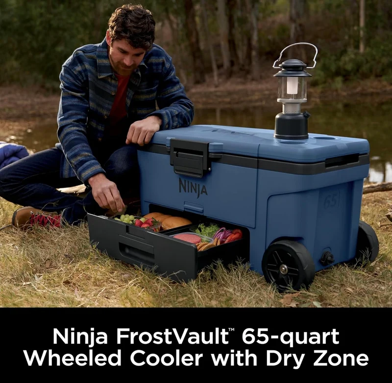 Ninja Cooler FrostVault 65QT Cooler with Wheels Insulated with Temp Dry Storage Drawer Keeps Ice Cold for Days - Lakeshore Blue (FB265GY)