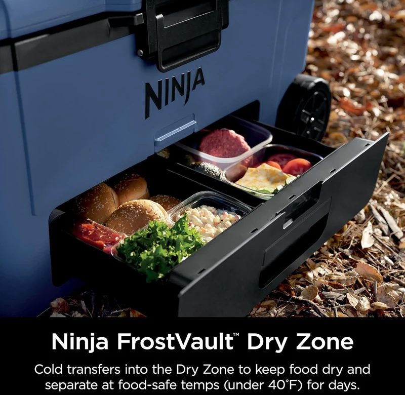 Ninja Cooler FrostVault 65QT Cooler with Wheels Insulated with Temp Dry Storage Drawer Keeps Ice Cold for Days - Lakeshore Blue (FB265GY)