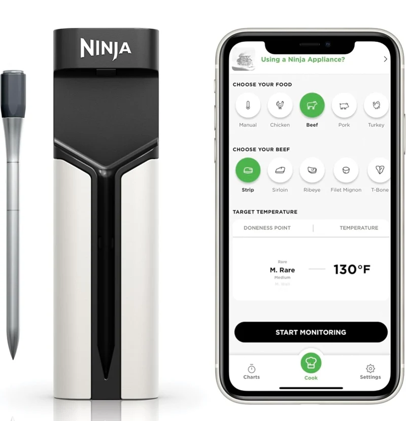 Ninja Meat Thermometer ProChef Wireless Probe for Indoor & Outdoor Air Fryer, Grill, Cooking, Smoker, Oven, Roaster, Long Range Bluetooth App Connection, Flareup Resistant, Waterproof, US Only, WP100