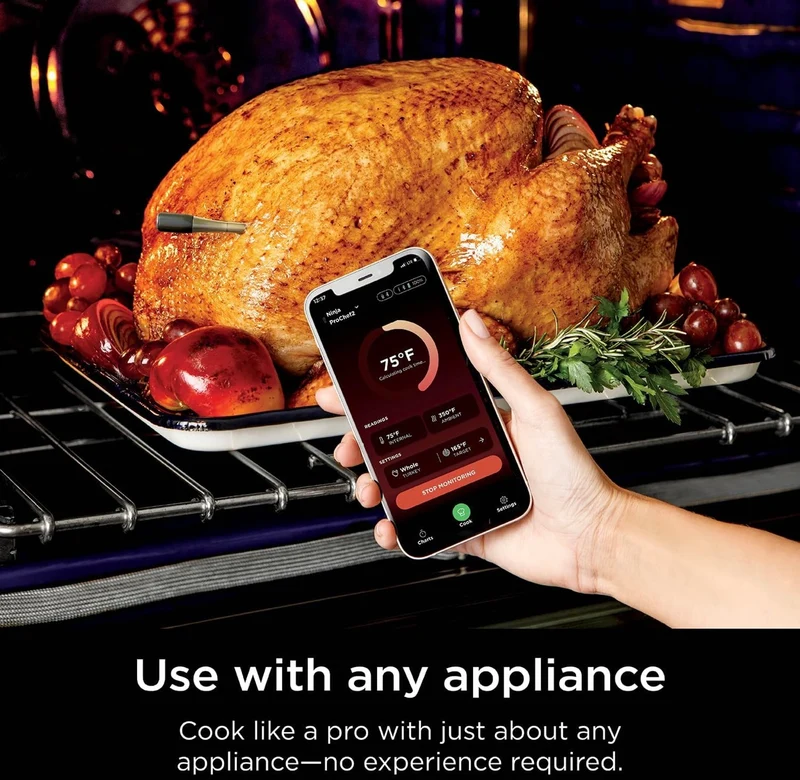 Ninja Meat Thermometer ProChef Wireless Probe for Indoor & Outdoor Air Fryer, Grill, Cooking, Smoker, Oven, Roaster, Long Range Bluetooth App Connection, Flareup Resistant, Waterproof, US Only, WP100