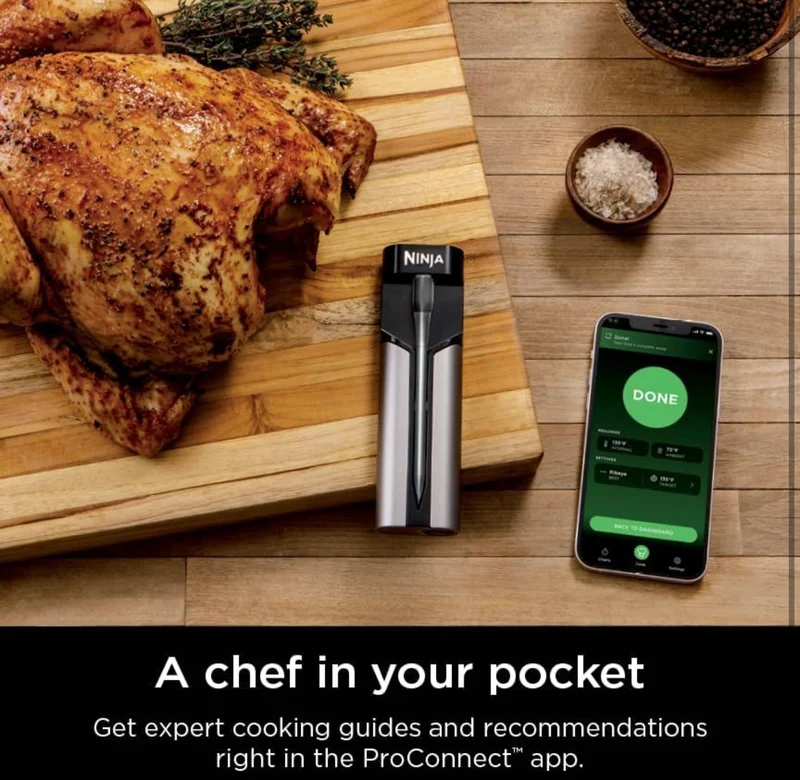 Ninja Meat Thermometer ProChef Wireless Probe for Indoor & Outdoor Air Fryer, Grill, Cooking, Smoker, Oven, Roaster, Long Range Bluetooth App Connection, Flareup Resistant, Waterproof, US Only, WP100