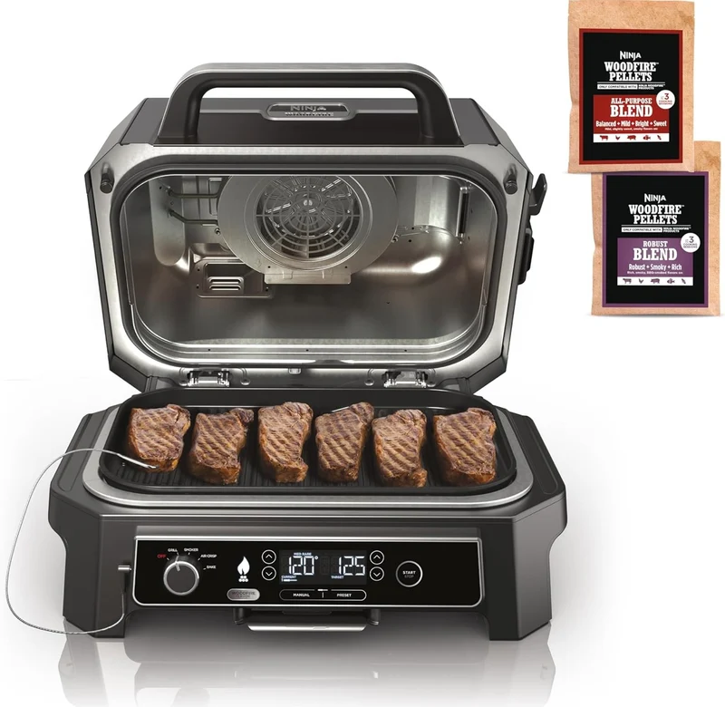 Ninja, Woodfire Pro XL Outdoor Grill & Smoker, Thermometer, 4-in-1 Master Grill, BBQ Smoker, Outdoor Air Fryer, Bake, Portable, Electric Grill - Dark Grey