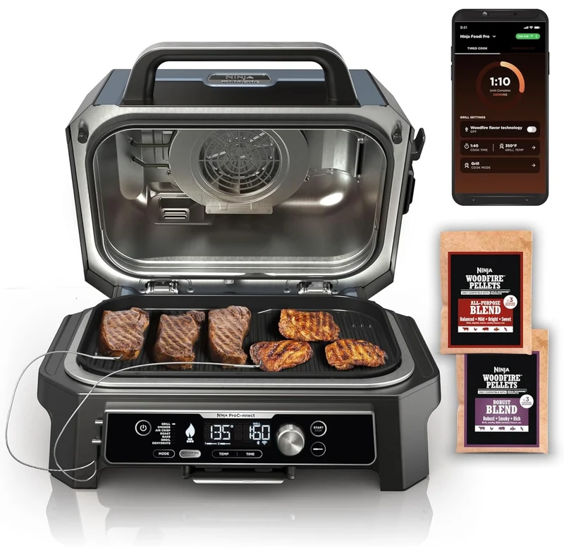 Ninja Woodfire Pro Connect Premium XL Outdoor Grill & Smoker, Bluetooth, App Enabled, 7-in-1 Master Grill, BBQ Smoker, Outdoor Air Fryer, Wood fire Technology, 2 Built-In Thermometers - Black