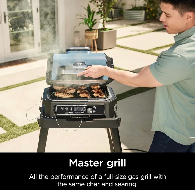 Ninja Woodfire Pro Connect Premium XL Outdoor Grill & Smoker, Bluetooth, App Enabled, 7-in-1 Master Grill, BBQ Smoker, Outdoor Air Fryer, Wood fire Technology, 2 Built-In Thermometers - Black