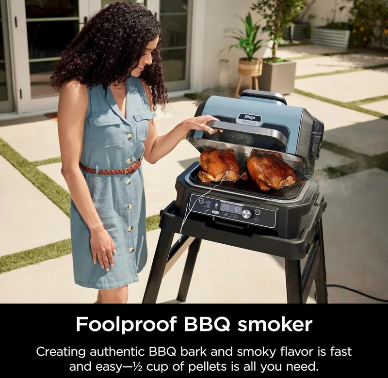Ninja Woodfire Pro Connect Premium XL Outdoor Grill & Smoker, Bluetooth, App Enabled, 7-in-1 Master Grill, BBQ Smoker, Outdoor Air Fryer, Wood fire Technology, 2 Built-In Thermometers - Black