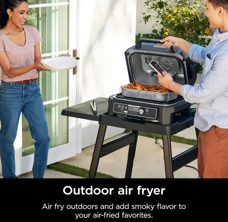 Ninja Woodfire Pro Connect Premium XL Outdoor Grill & Smoker, Bluetooth, App Enabled, 7-in-1 Master Grill, BBQ Smoker, Outdoor Air Fryer, Wood fire Technology, 2 Built-In Thermometers - Black