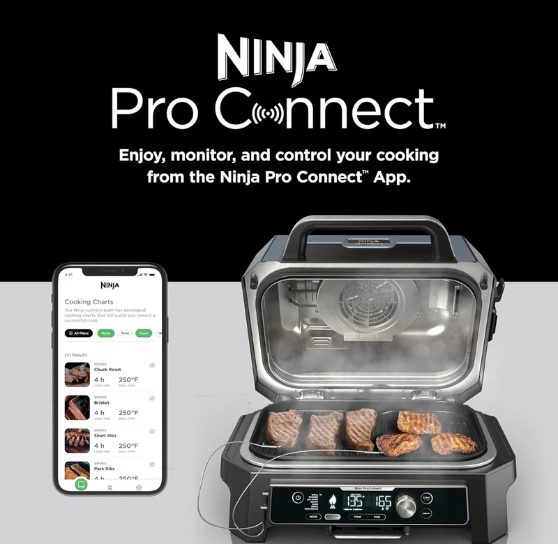 Ninja Woodfire Pro Connect Premium XL Outdoor Grill & Smoker, Bluetooth, App Enabled, 7-in-1 Master Grill, BBQ Smoker, Outdoor Air Fryer, Wood fire Technology, 2 Built-In Thermometers - Black