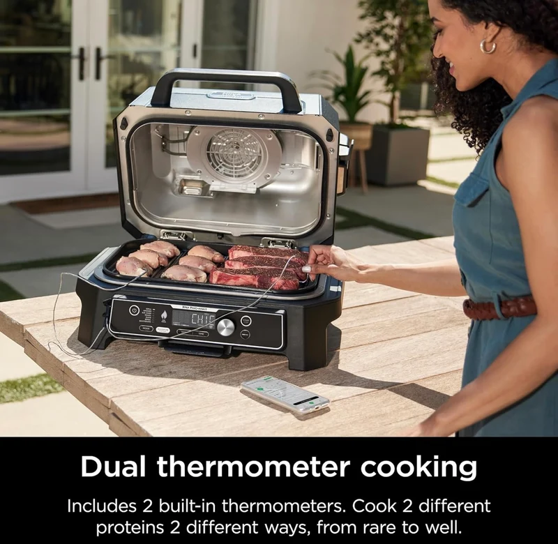 Ninja Woodfire Pro Connect Premium XL Outdoor Grill & Smoker, Bluetooth, App Enabled, 7-in-1 Master Grill, BBQ Smoker, Outdoor Air Fryer, Wood fire Technology, 2 Built-In Thermometers - Black