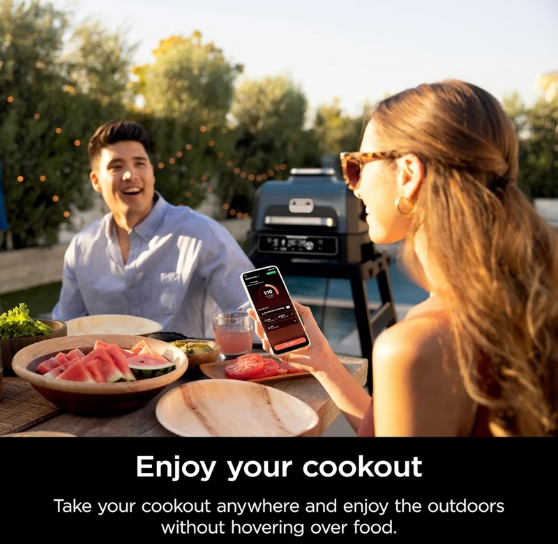 Ninja Woodfire Pro Connect Premium XL Outdoor Grill & Smoker, Bluetooth, App Enabled, 7-in-1 Master Grill, BBQ Smoker, Outdoor Air Fryer, Wood fire Technology, 2 Built-In Thermometers - Black