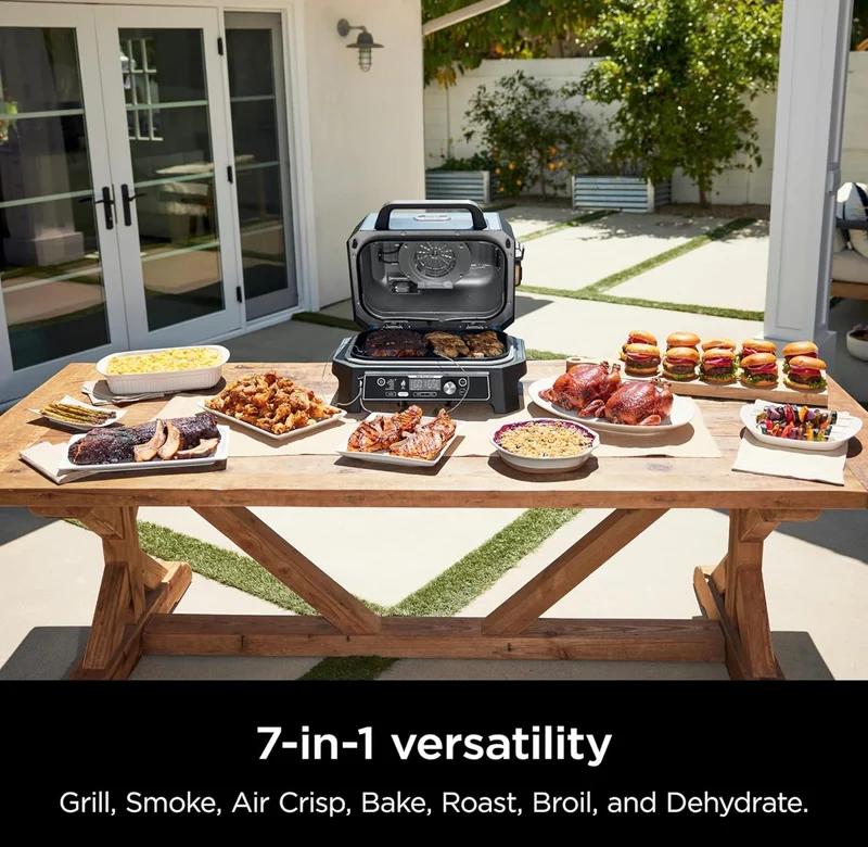 Ninja Woodfire Pro Connect Premium XL Outdoor Grill & Smoker, Bluetooth, App Enabled, 7-in-1 Master Grill, BBQ Smoker, Outdoor Air Fryer, Wood fire Technology, 2 Built-In Thermometers - Black