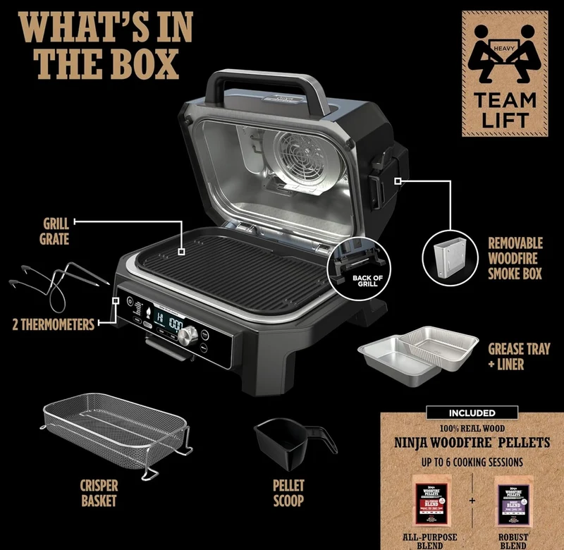 Ninja Woodfire Pro Connect Premium XL Outdoor Grill & Smoker, Bluetooth, App Enabled, 7-in-1 Master Grill, BBQ Smoker, Outdoor Air Fryer, Wood fire Technology, 2 Built-In Thermometers - Black