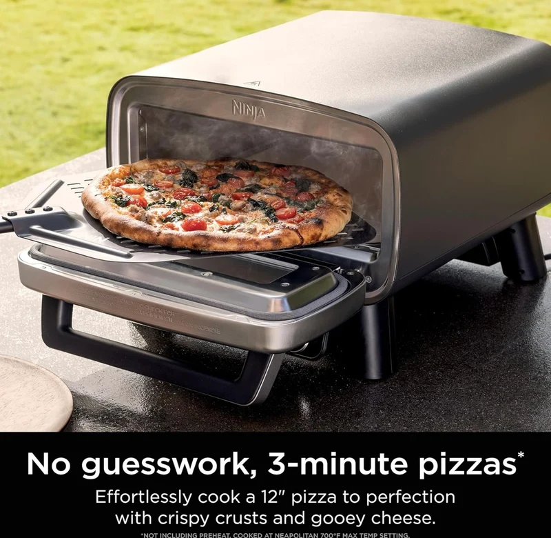 Ninja Artisan Outdoor Pizza Oven, 12-inch, 3-minute Pizza, Neapolitan, Thin Crust, New York Chicago, Custom, 700F Max Temperature, Electric Heat, Bake, Broil, Proof, Warm( MO201)