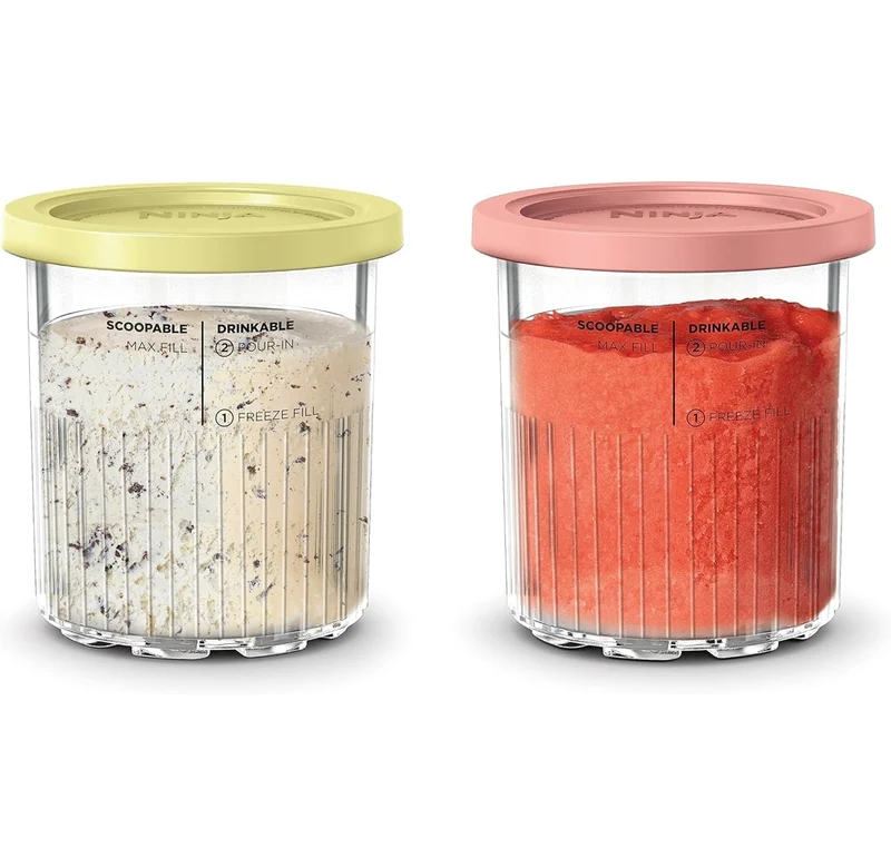 Ninja Creami Deluxe Pints 2 Pack, Compatible with NC500 Series Creami Deluxe Ice Cream Makers, Genuine Ninja Pint, BPA-Free & Dishwasher Safe, Color Lids, 1 Pint Each, Clear/Coral/Yellow, XSKPNTLD2