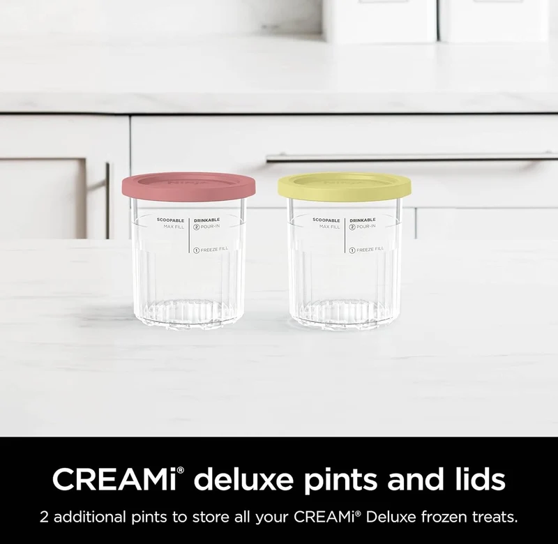 Ninja Creami Deluxe Pints 2 Pack, Compatible with NC500 Series Creami Deluxe Ice Cream Makers, Genuine Ninja Pint, BPA-Free & Dishwasher Safe, Color Lids, 1 Pint Each, Clear/Coral/Yellow, XSKPNTLD2
