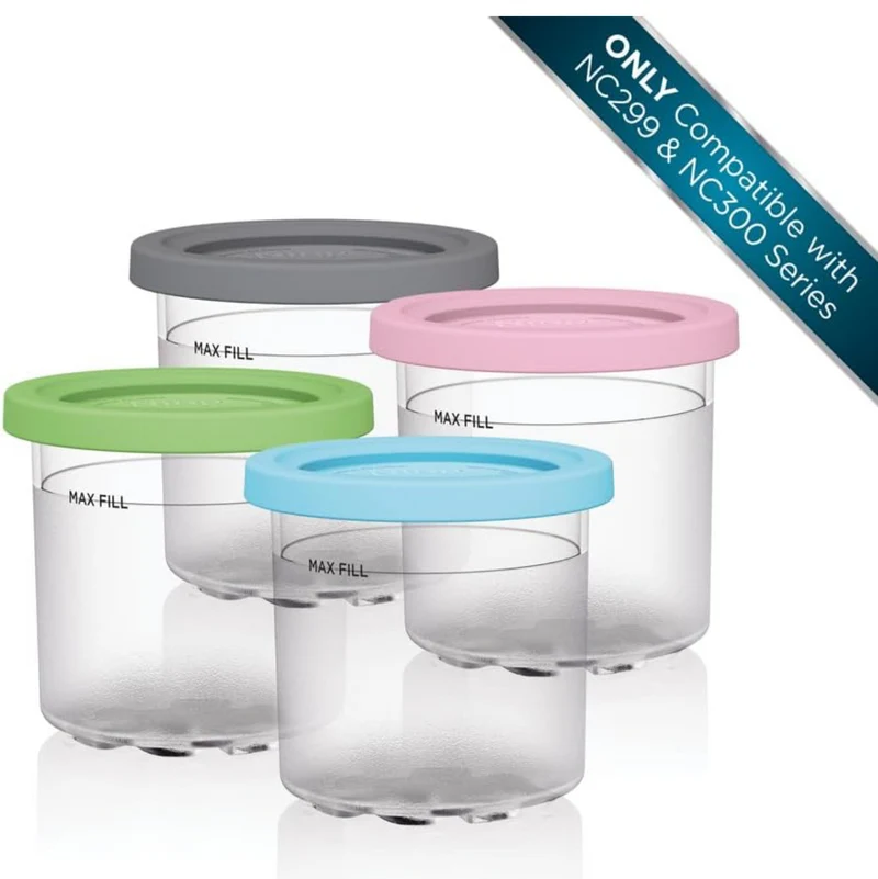 Ninja Creami Pints 4 Pack, Compatible with NC299AMZ & NC300s Series Creami Ice Cream Makers, Genuine Ninja Pint, BPA-Free & Dishwasher Safe, Color Lids, Clear/Grey/Lime/Pink/Aqua, XSKPLD4BCD