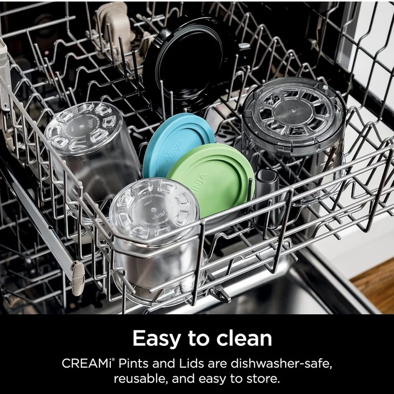 Ninja Creami Pints 4 Pack, Compatible with NC299AMZ & NC300s Series Creami Ice Cream Makers, Genuine Ninja Pint, BPA-Free & Dishwasher Safe, Color Lids, Clear/Grey/Lime/Pink/Aqua, XSKPLD4BCD