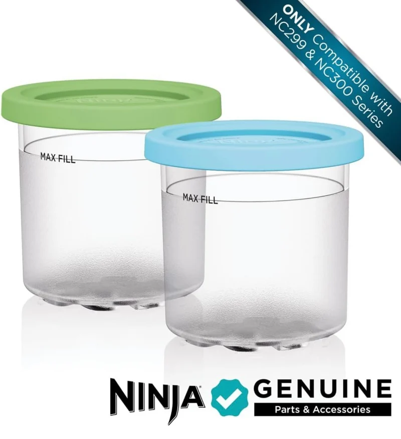 Ninja CREAMi Pints 2 Pack, Compatible with NC299AMZ & NC300s Series CREAMi Ice Cream Makers, Genuine Ninja Pint, BPA-Free & Dishwasher Safe, Color Lids, 1 Pint Each, Clear/Lime/Aqua, XSKPLID2CD