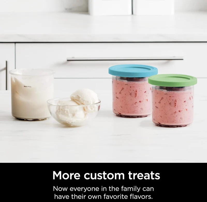 Ninja CREAMi Pints 2 Pack, Compatible with NC299AMZ & NC300s Series CREAMi Ice Cream Makers, Genuine Ninja Pint, BPA-Free & Dishwasher Safe, Color Lids, 1 Pint Each, Clear/Lime/Aqua, XSKPLID2CD