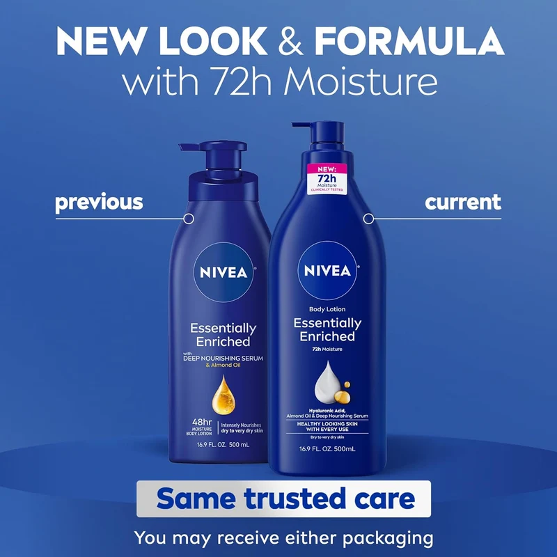 NIVEA Essentially Enriched Body Lotion for Very Dry Skin with Hyaluronic Acid, Almond Oil and Deep Nourishing Serum, 72-Hour Body Moisturizer, 16.9 Fl Oz Pump Bottle - 3pk