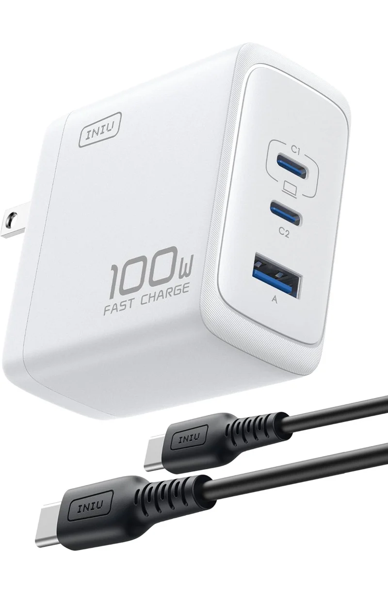 USB C Charger, INIU 3-Port 100W GaN Charger, Compact Foldable PD PPS USB C Wall Charger Block for MacBook Pro/Air, iPad Pro, Galaxy S23, Dell XPS 13, Note 20/10+, iPhone 16/15, Steam Deck, White
