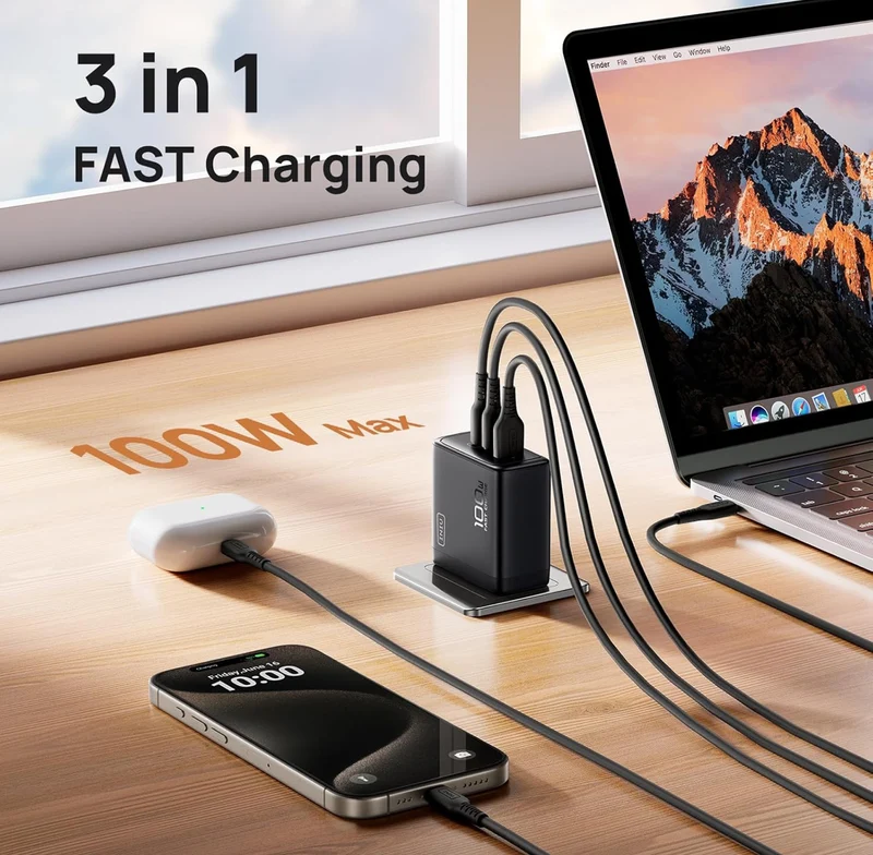 USB C Charger, INIU 3-Port 100W GaN Charger, Compact Foldable PD PPS USB C Wall Charger Block for MacBook Pro/Air, iPad Pro, Galaxy S23, Dell XPS 13, Note 20/10+, iPhone 16/15, Steam Deck, White
