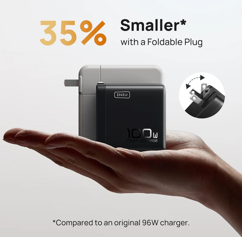 USB C Charger, INIU 3-Port 100W GaN Charger, Compact Foldable PD PPS USB C Wall Charger Block for MacBook Pro/Air, iPad Pro, Galaxy S23, Dell XPS 13, Note 20/10+, iPhone 16/15, Steam Deck, White