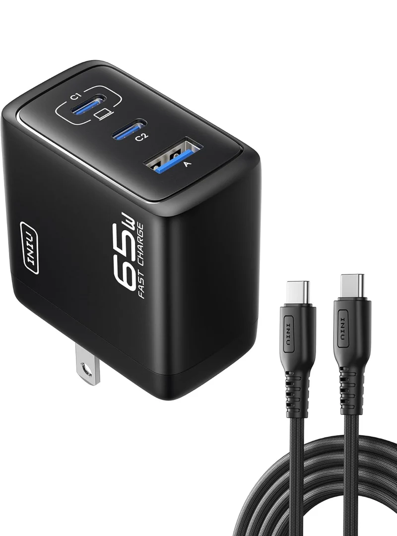 INIU USB C Charger Block, 3-Port 65W PD Fast Charging, Compact Type C Wall Charger with Foldable Plug, GaN Tech, for MacBook Pro/Air, iPhone 16, Samsung S25, iPad Pro, Laptop, Multiple Devices etc