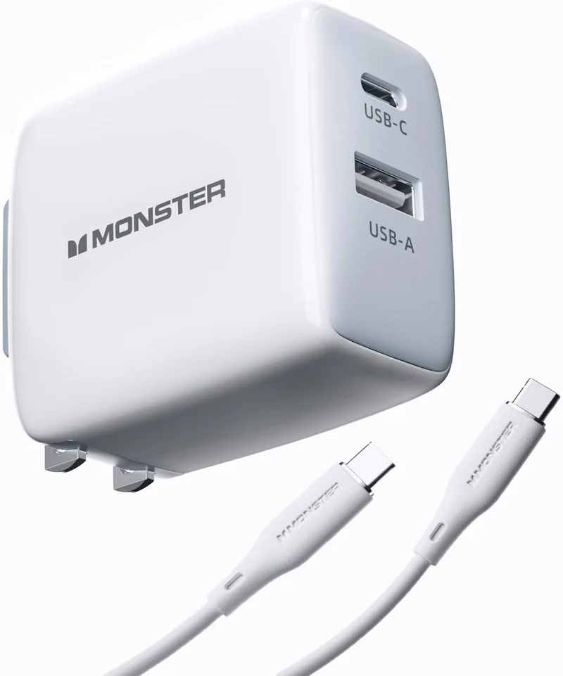 Monster 65W USB C Charger Block, PPS 2-Port, Foldable GaN Fast Charger, Heat-Free Ensure Security for iPhone 16 Pro Max/15/14, iPad, MacBook, Samsung Galaxy S25, Pixel and More, with Silicone Cable