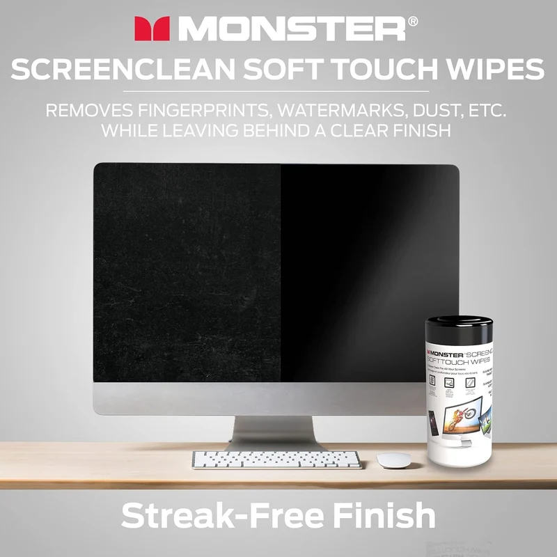 Monster ScreenClean Soft Touch Wipes, Screen Cleaner Wipes for Computer Screens, TV, Phones, Tablets, and Car Touch Screens, Home Office, 70 Count