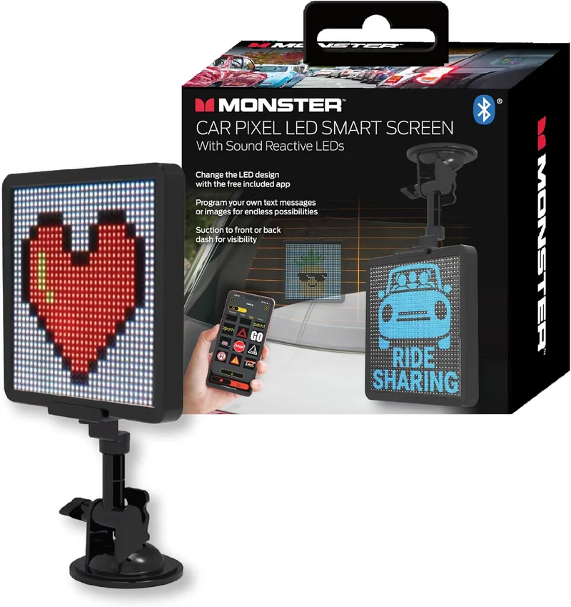 Monster Smart Pixel Display Screen for Cars, App Controlled Custom LED Text Pattern & Animation Screen, Sound Reactive, USB Powered, 6x6 in, 32x32 Pixels, Full Color Mobile Advertising & Ride Sharing