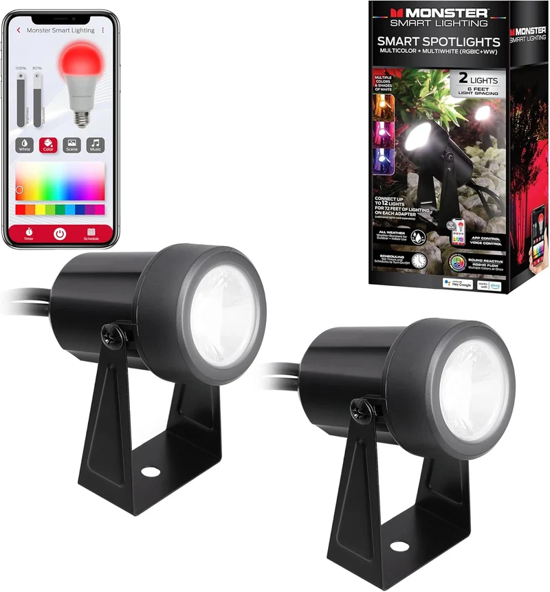 Monster Smart Outdoor RGB+IC+WW Spotlights 2 Pack, Dimmable LEDs, Sound Reactive, IP44 Water & Weather Resistant, Compatible with Alexa, Siri, Google Home, Monster App, Razer Chroma, Voice Controlled