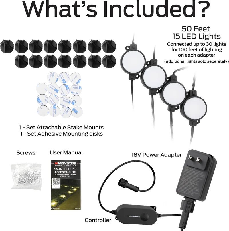 Monster Smart Outdoor Ground Accent RGB+IC+WW LED Lights, 50ft, 15 LEDs, Sound Reactive, Ground Stakes & Wall/Ceiling Mounts, Weather & IP44 Water Resistant, Works with Alexa, Siri, Google Home, App