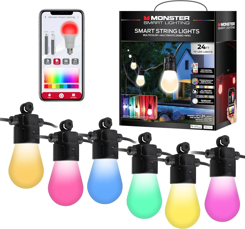 Monster 24 Foot Outdoor Smart RGB+IC+WW String Lights, 12 Bulb Color Flow Dimmable LEDs, Sound Reactive, Water & Weather Resistant, Compatible with Alexa, Siri, Google Home, App