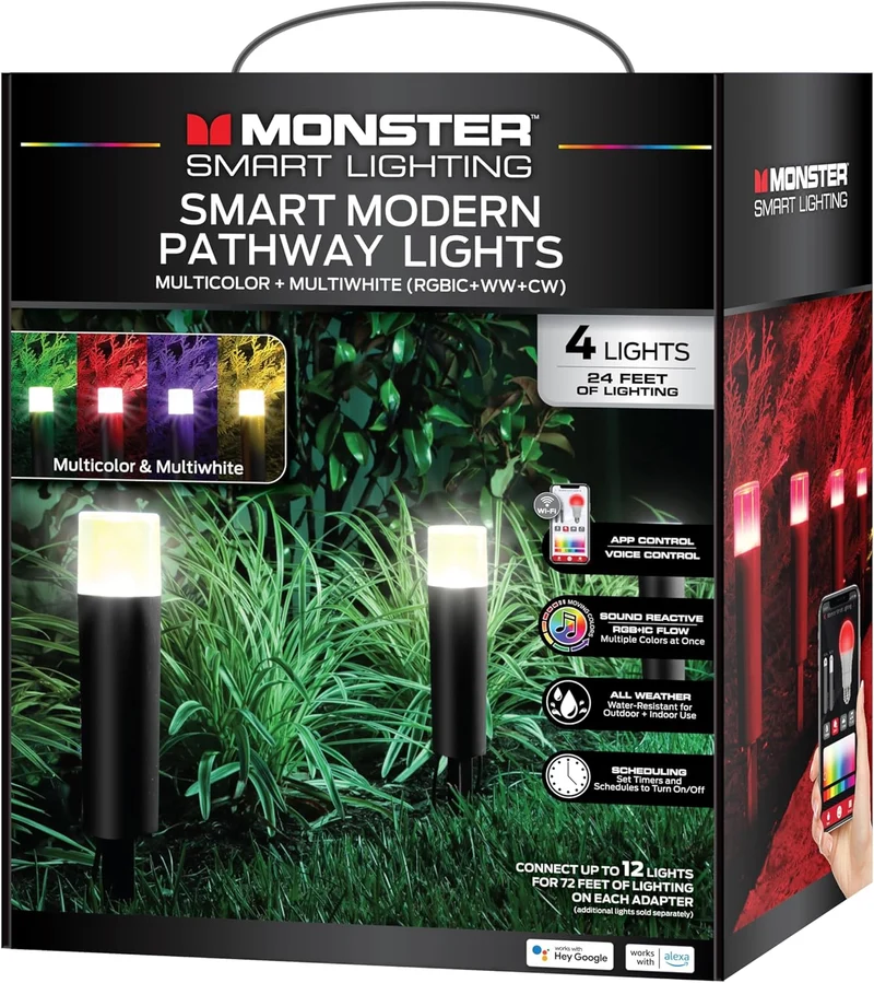 Monster Smart RGB+IC+WW Pathway LED Lights, 4 Individually Controlled Dimmable LEDs, Sound Reactive, IP44 Water & Weather Resistant, Compatible with Alexa, Siri, Google Home, Monster App, Razer Chroma